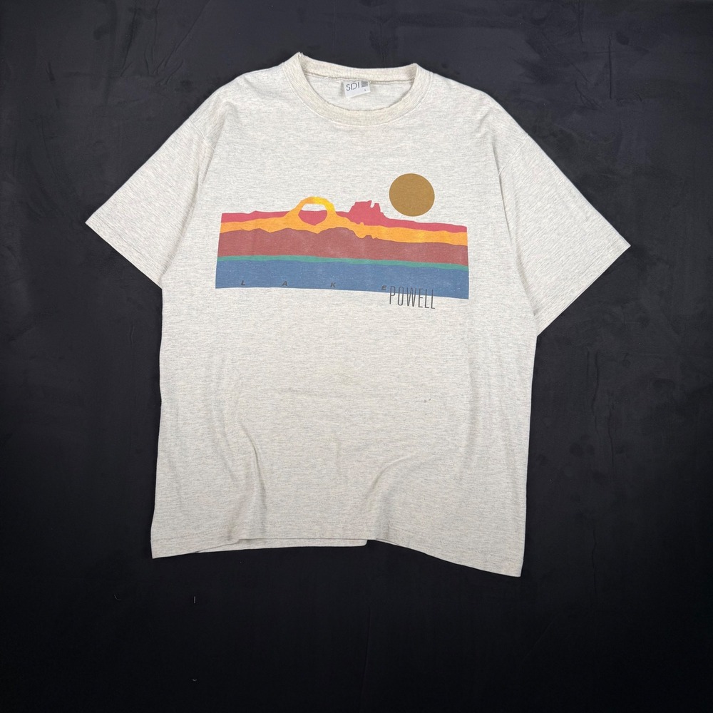 90s Mens SDI Lake Powell Graphic T-Shirt Vintage Desert Landscape Grey Large